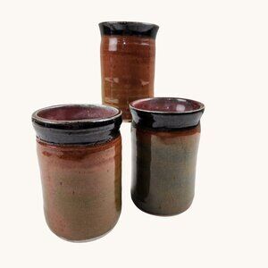 VTG PERZ ’84 Ceramic Pots Lot of 3 Matching Art Pottery Earthy Brown Tones 4.5”